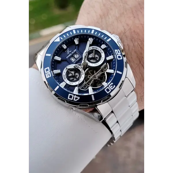 Kadranı Lacivert Kordonu Gümüş Renk Otomatik Takvimli Hediye Paketli Erkek Kol Saati