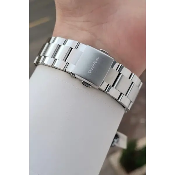 Kadranı Lacivert Kordonu Gümüş Renk Otomatik Takvimli Hediye Paketli Erkek Kol Saati