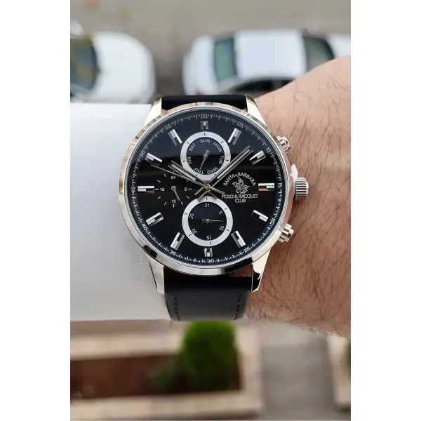 Santa Barbara Polo & Racquet Club Kasası Gümüş Kordonu Siyah Renk 44 mm Erkek Kol Saati