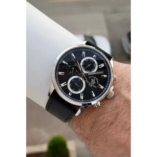 Santa Barbara Polo & Racquet Club Kasası Gümüş Kordonu Siyah Renk 44 mm Erkek Kol Saati