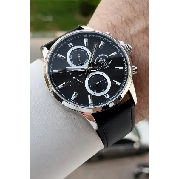 Santa Barbara Polo & Racquet Club Kasası Gümüş Kordonu Siyah Renk 44 mm Erkek Kol Saati