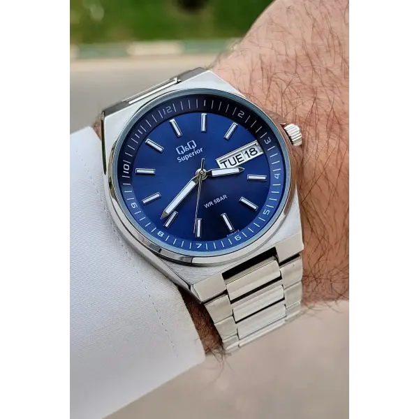 Kadranı Lacivert Kordonu Gümüş Renk 40 mm Paslanmaz Çelik Erkek Kol Saati