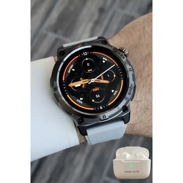 Kasası Siyah Kordonu Gri Renk Akıllı Saat ve Bluetooth Kulaklık