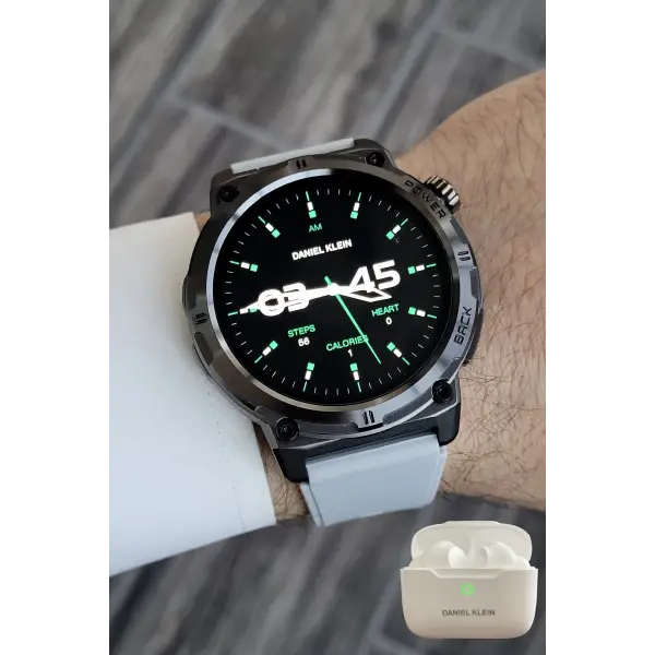 Kasası Siyah Kordonu Gri Renk Akıllı Saat ve Bluetooth Kulaklık