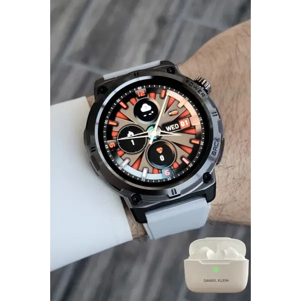 Kasası Siyah Kordonu Gri Renk Akıllı Saat ve Bluetooth Kulaklık