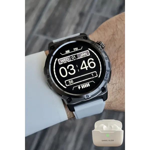 Kasası Siyah Kordonu Gri Renk Akıllı Saat ve Bluetooth Kulaklık