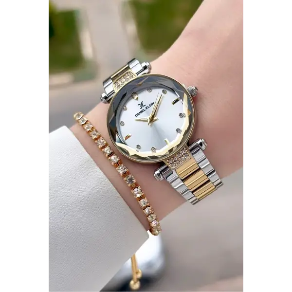 Gold Gümüş Renk Kesme Camlı Kadın Kol Saati Ve Bileklik