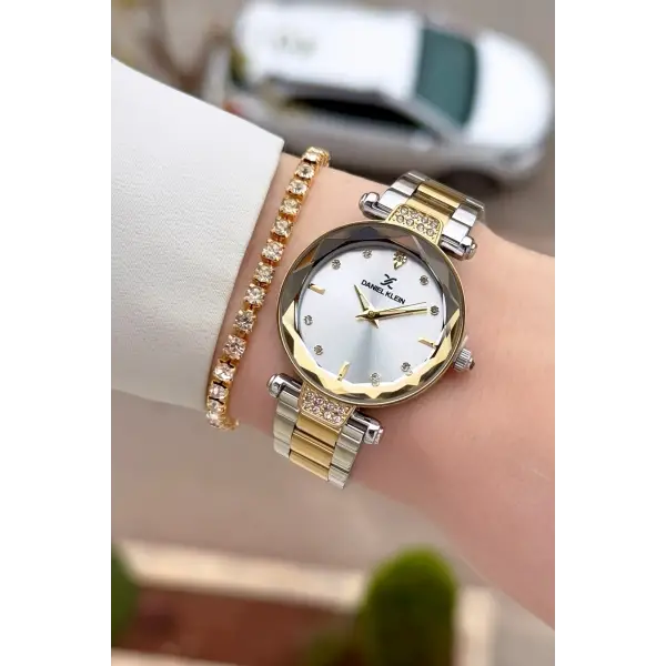 Gold Gümüş Renk Kesme Camlı Kadın Kol Saati Ve Bileklik