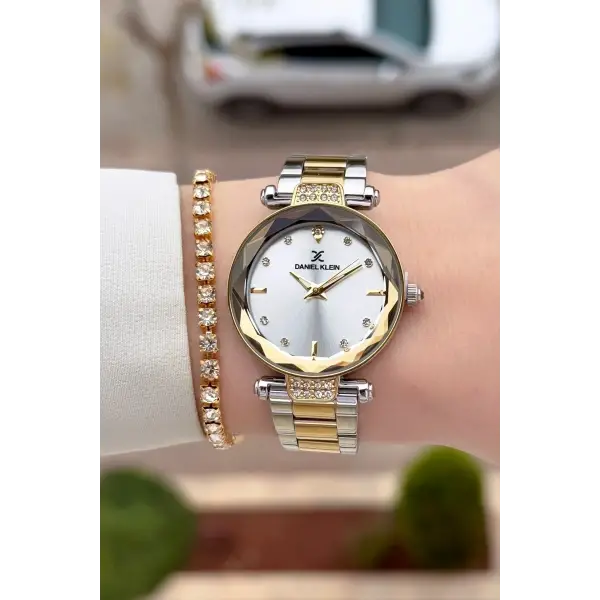 Gold Gümüş Renk Kesme Camlı Kadın Kol Saati Ve Bileklik