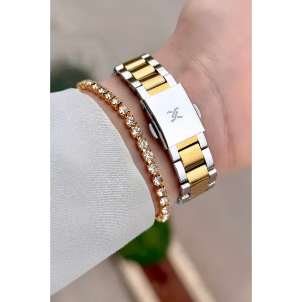 Gold Gümüş Renk Kesme Camlı Kadın Kol Saati Ve Bileklik