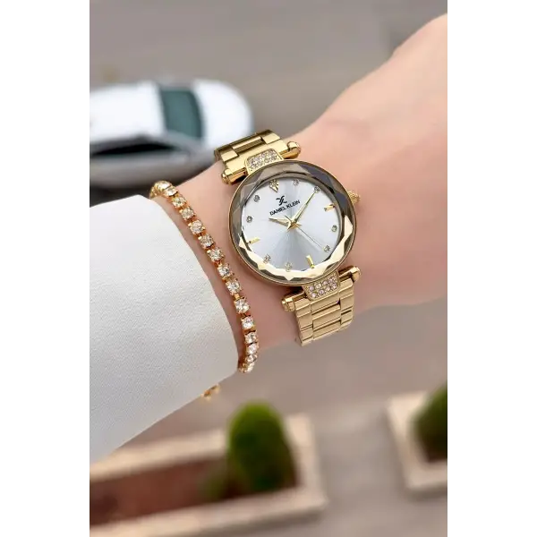 Gold Renk Kesme Camlı Kadın Kol Saati Ve Bileklik