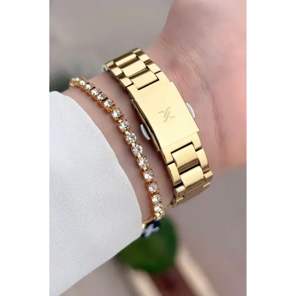 Gold Renk Kesme Camlı Kadın Kol Saati Ve Bileklik