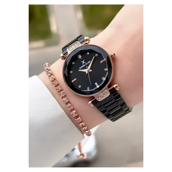 Rose Siyah Renk Kesme Camlı Kadın Kol Saati ve Bileklik