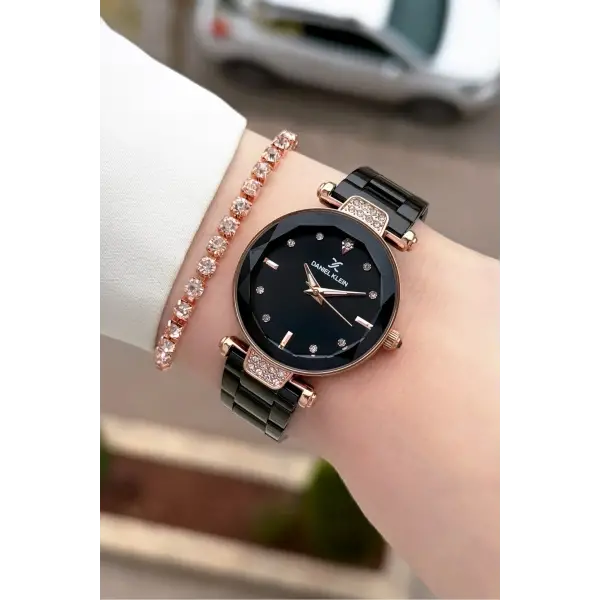 Rose Siyah Renk Kesme Camlı Kadın Kol Saati ve Bileklik