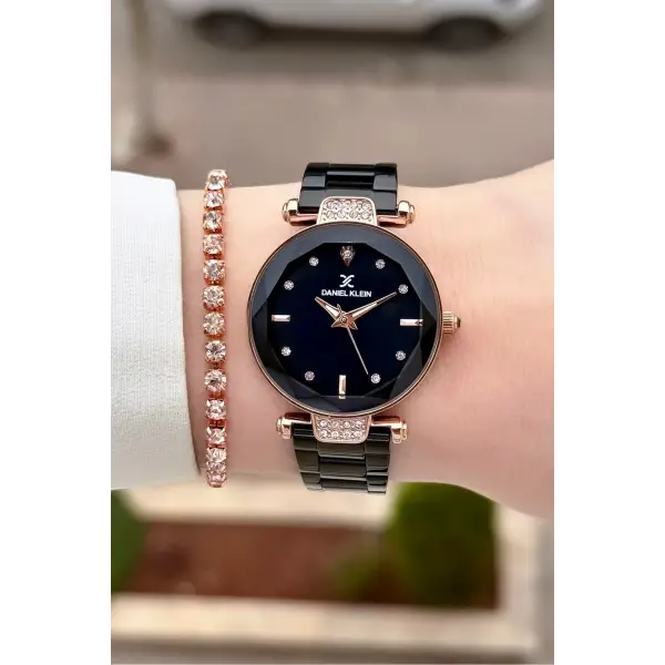 Rose Siyah Renk Kesme Camlı Kadın Kol Saati ve Bileklik