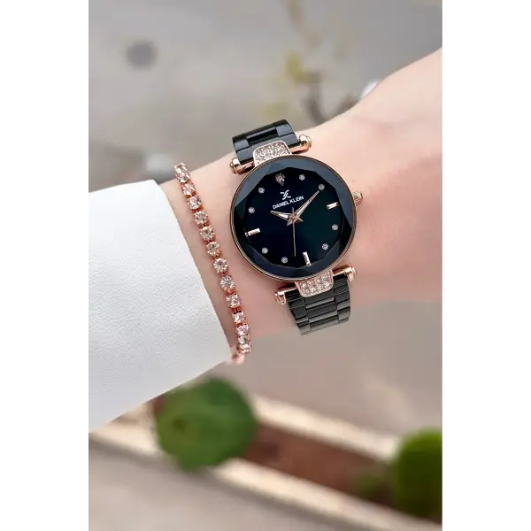 Rose Siyah Renk Kesme Camlı Kadın Kol Saati ve Bileklik