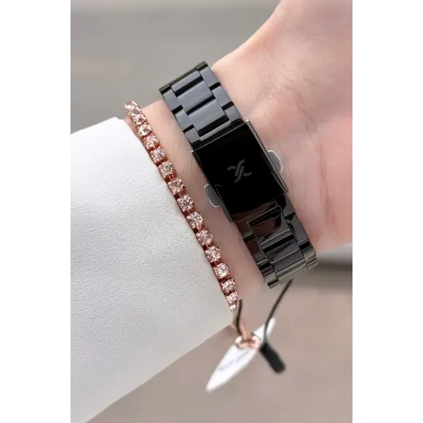 Rose Siyah Renk Kesme Camlı Kadın Kol Saati ve Bileklik