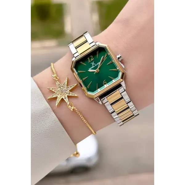 Kadranı Yeşil Kordonu Gold Gümüş Renk 26 mm Kadın Kol Saati ve Bileklik