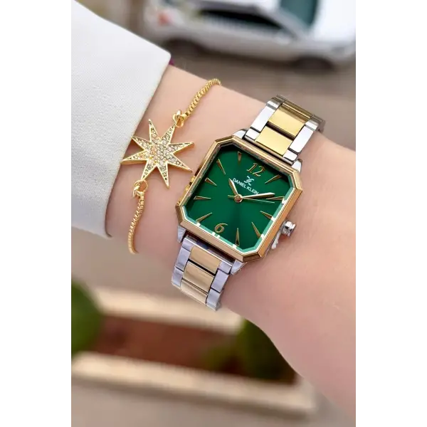 Kadranı Yeşil Kordonu Gold Gümüş Renk 26 mm Kadın Kol Saati ve Bileklik