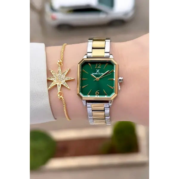 Kadranı Yeşil Kordonu Gold Gümüş Renk 26 mm Kadın Kol Saati ve Bileklik