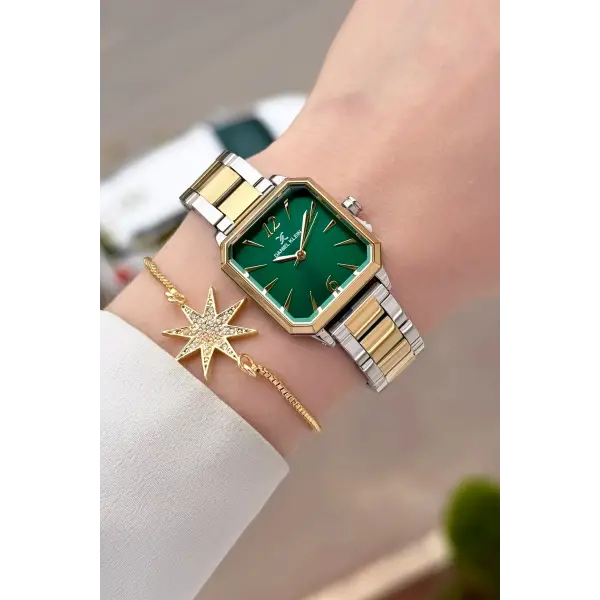 Kadranı Yeşil Kordonu Gold Gümüş Renk 26 mm Kadın Kol Saati ve Bileklik