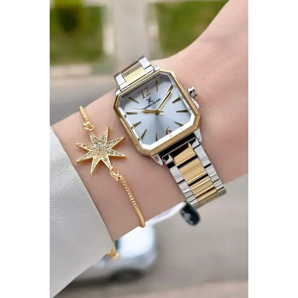 Gold Gümüş Renk 26 mm Kadın Kol Saati ve Bileklik