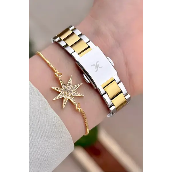 Gold Gümüş Renk 26 mm Kadın Kol Saati ve Bileklik