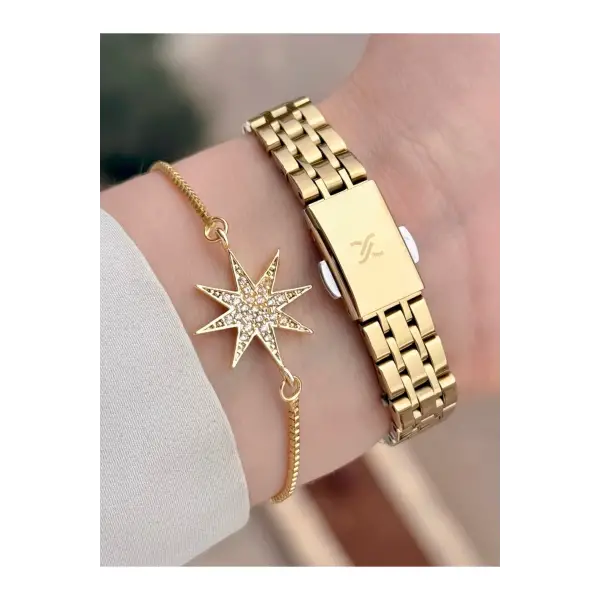 Gold Renk Kadın Kol Saati Ve Bileklik