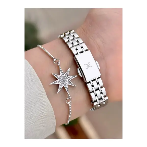 Gümüş Renk Kadın Kol Saati Ve Bileklik