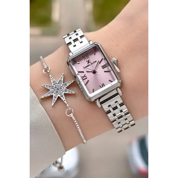 Kadranı Pembe Kordonu Gümüş Renk Kadın Kol Saati ve Bileklik