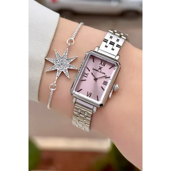 Kadranı Pembe Kordonu Gümüş Renk Kadın Kol Saati ve Bileklik