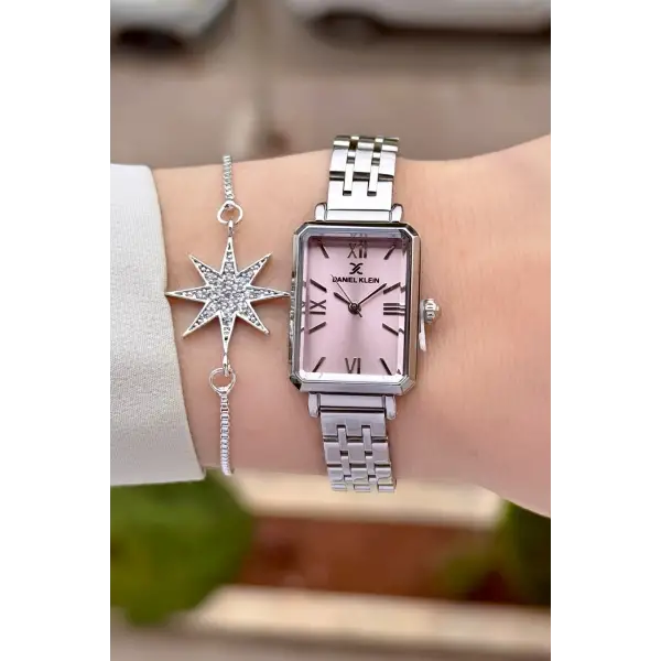 Kadranı Pembe Kordonu Gümüş Renk Kadın Kol Saati ve Bileklik
