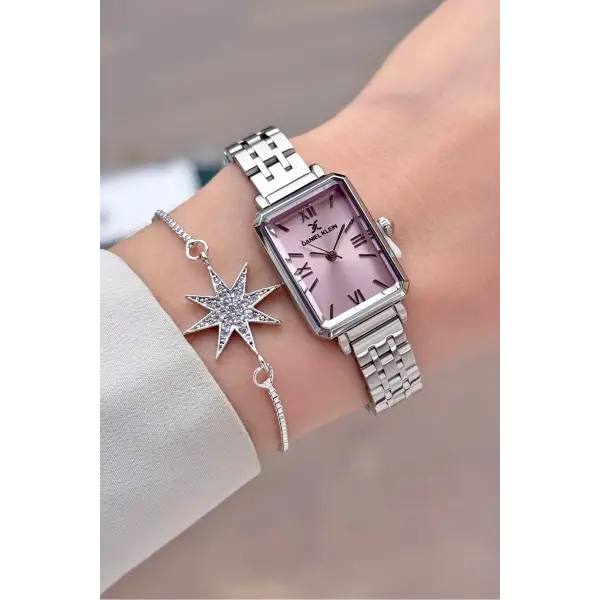 Kadranı Pembe Kordonu Gümüş Renk Kadın Kol Saati ve Bileklik