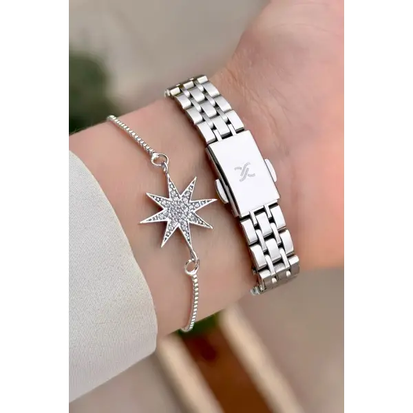 Kadranı Pembe Kordonu Gümüş Renk Kadın Kol Saati ve Bileklik