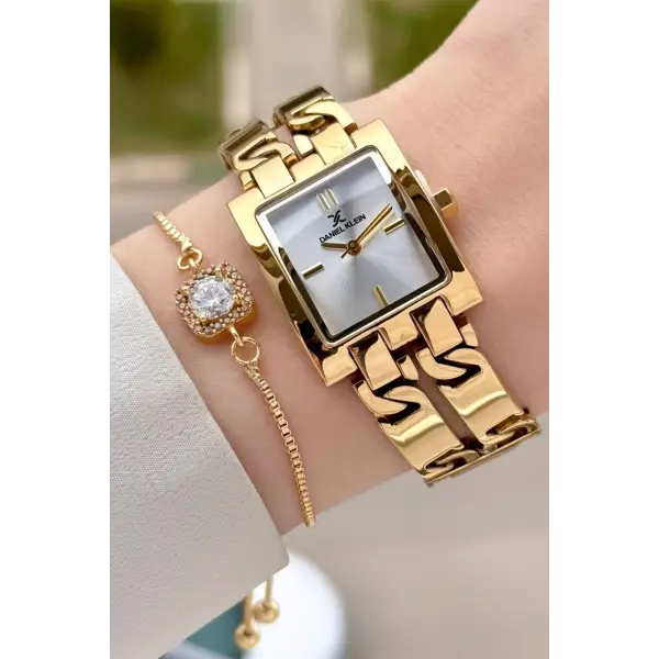 Gold Renk 24 Mm Zincirli Kadın Kol Saati ve Hediye Bileklik