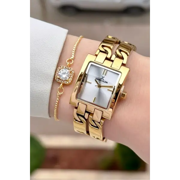 Gold Renk 24 Mm Zincirli Kadın Kol Saati ve Hediye Bileklik