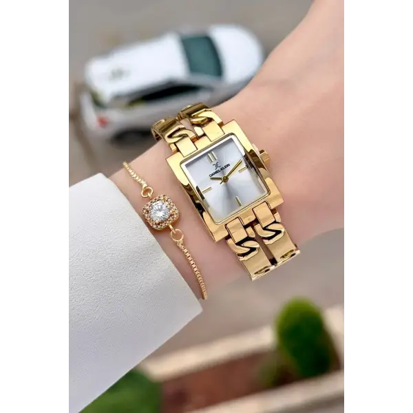 Gold Renk 24 Mm Zincirli Kadın Kol Saati ve Hediye Bileklik