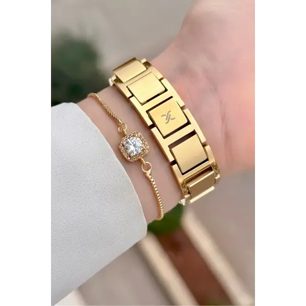 Gold Renk 24 Mm Zincirli Kadın Kol Saati ve Hediye Bileklik