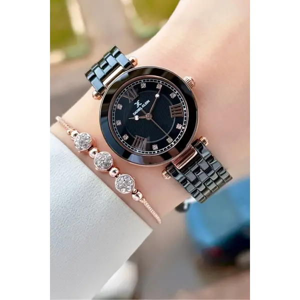 Kasası Rose Kordonu Siyah Renk 32 mm Seramik Kadın Kol Saati ve Bileklik