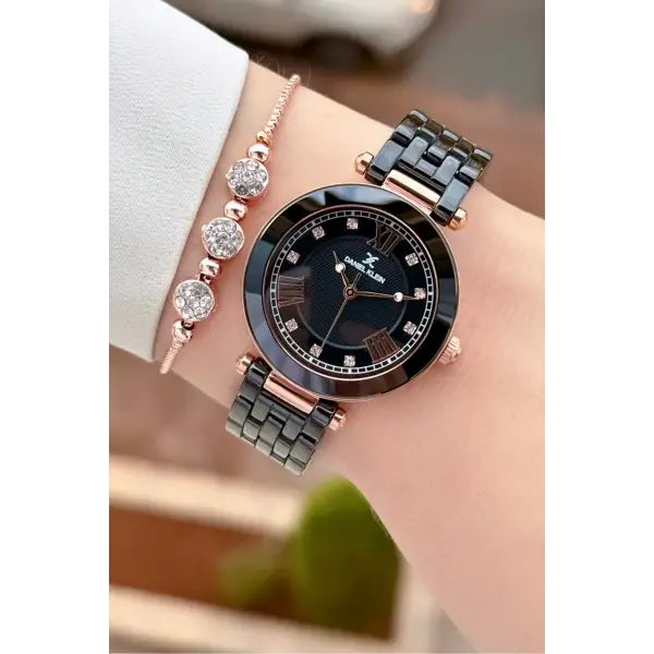 Kasası Rose Kordonu Siyah Renk 32 mm Seramik Kadın Kol Saati ve Bileklik