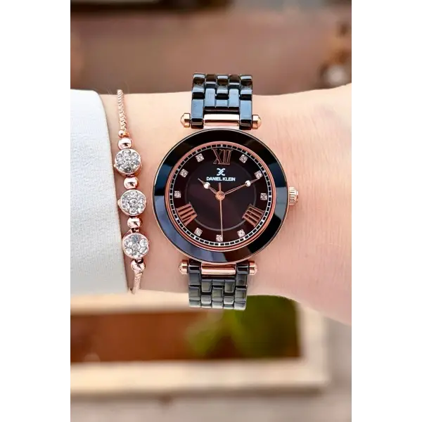 Kasası Rose Kordonu Siyah Renk 32 mm Seramik Kadın Kol Saati ve Bileklik