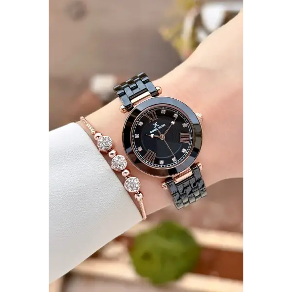 Kasası Rose Kordonu Siyah Renk 32 mm Seramik Kadın Kol Saati ve Bileklik