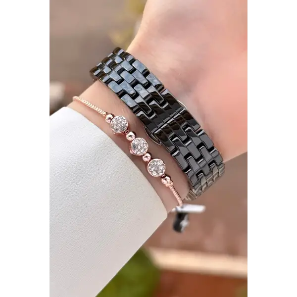 Kasası Rose Kordonu Siyah Renk 32 mm Seramik Kadın Kol Saati ve Bileklik