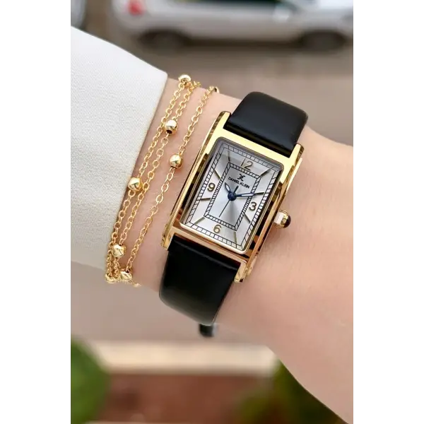 Kasası Gold Kordonu Siyah Renk Kadın Kol Saati ve Bileklik