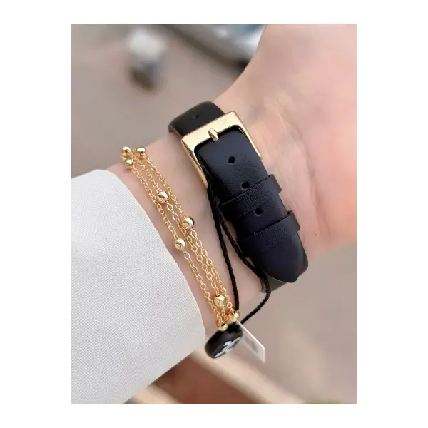 Kasası Gold Kordonu Siyah Renk Kadın Kol Saati ve Bileklik