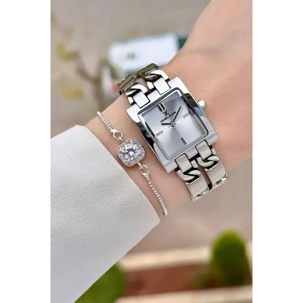 Gümüş Renk 24 Mm Zincirli Kadın Kol Saati ve Hediye Bileklik