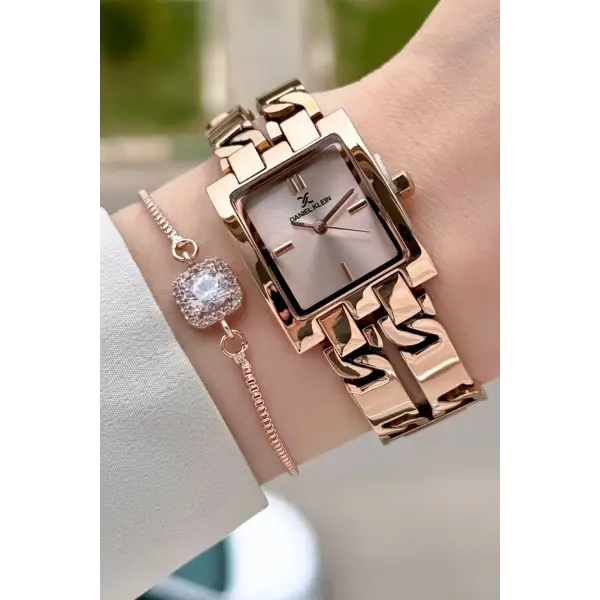 Rose Renk 24 Mm Zincirli Kadın Kol Saati ve Hediye Bileklik