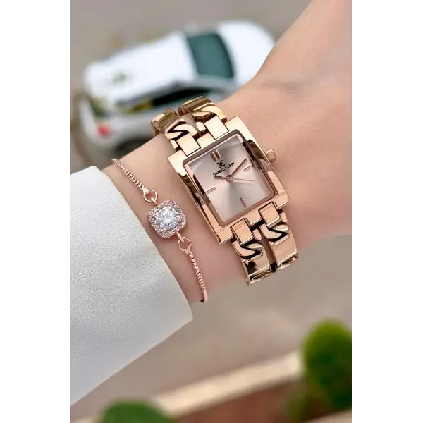 Rose Renk 24 Mm Zincirli Kadın Kol Saati ve Hediye Bileklik