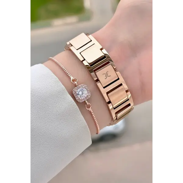 Rose Renk 24 Mm Zincirli Kadın Kol Saati ve Hediye Bileklik