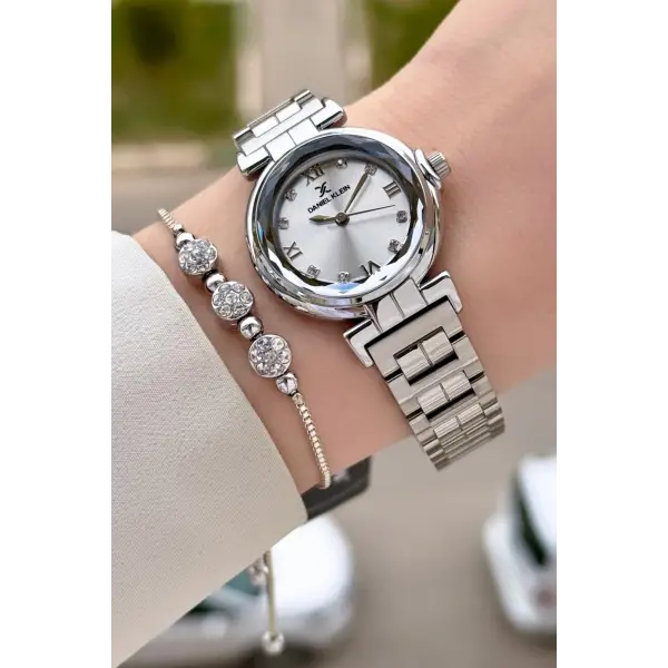 Gümüş Renk 30 Mm Kristal Cam Kadın Kol Saati ve Hediye Bileklik